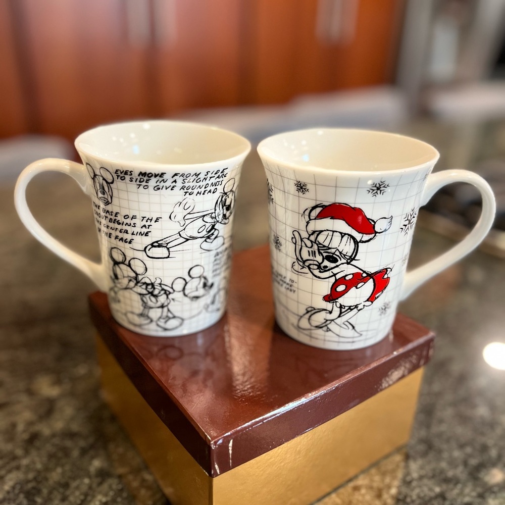 Disney Sketchbook Mugs Set Mickey & Minnie Mouse Ceramic Coffee Tea Cups New OBO - Picture 2 of 16